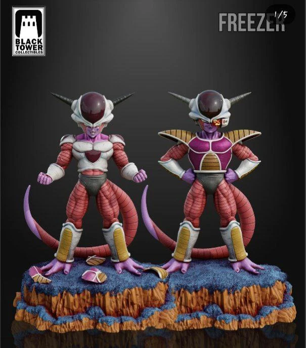 Frieza Dragon Ball 3D printable figure with horns, tail, armor, and display base