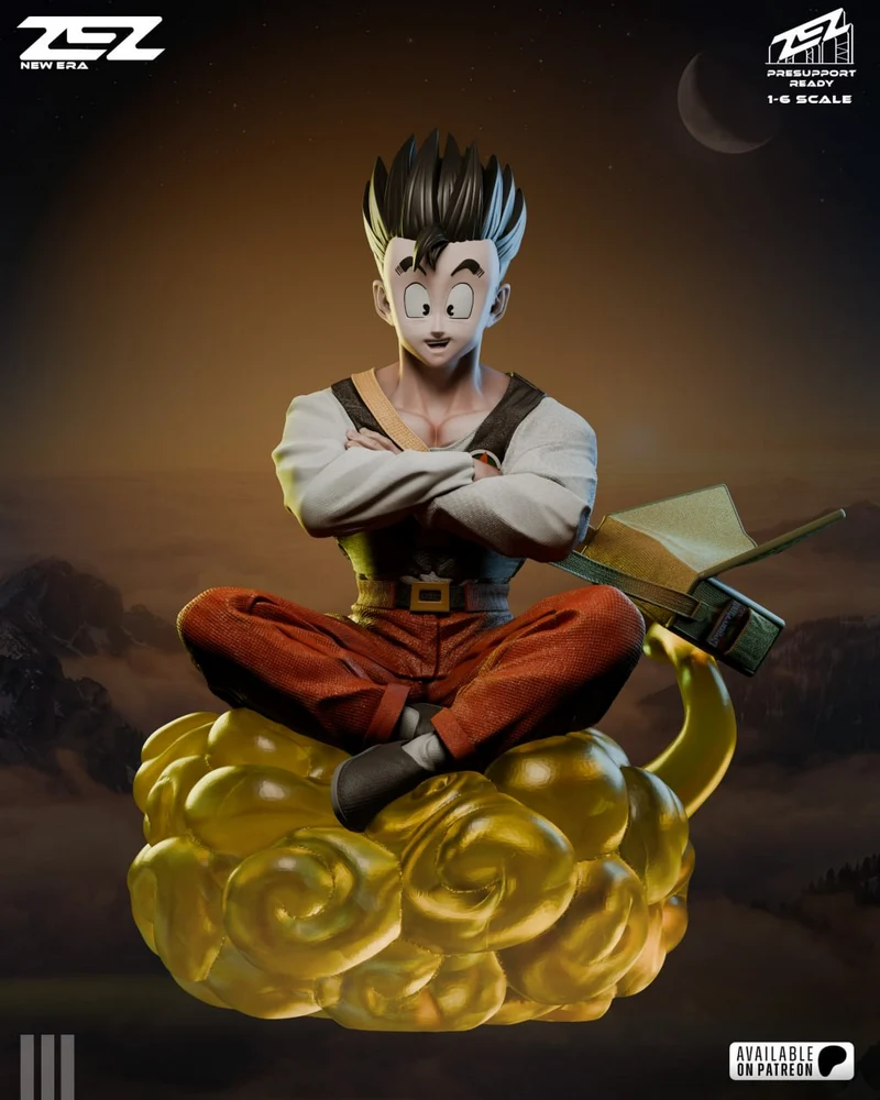 Gohan seated cross-legged on Flying Nimbus with crossed arms and a sword