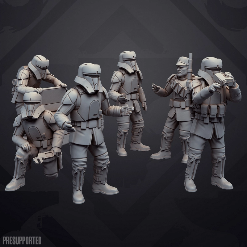 Six Star Wars armored crew figures in varied poses with weapons and equipment