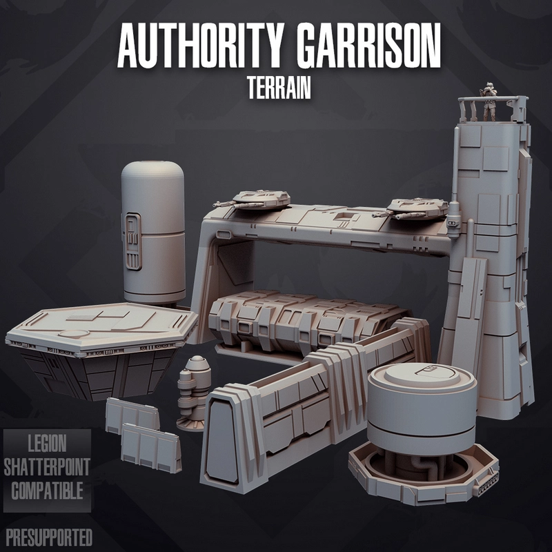 Star Wars garrison terrain set with towers, platforms, tanks, and industrial wall sections