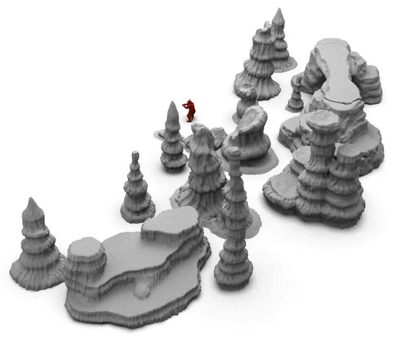 Geonosia scatter terrain with layered rock spires, platforms, and cave forms