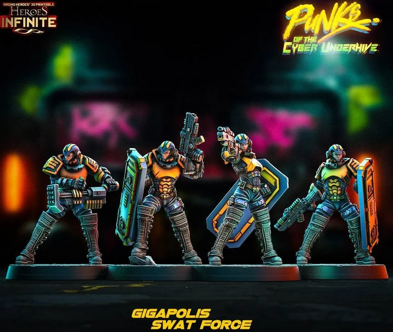 Four armored Gigapolis SWAT Force sci-fi miniature figures with weapons and shields