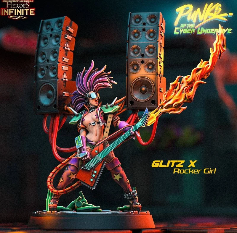Glitz X Rocker Girl punk rocker figure with guitar, speakers, mohawk, and flame effect