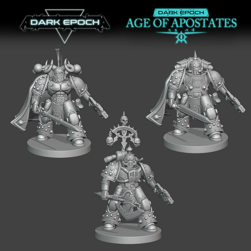 Three Godsworn Lord armored fantasy warrior miniatures on round bases