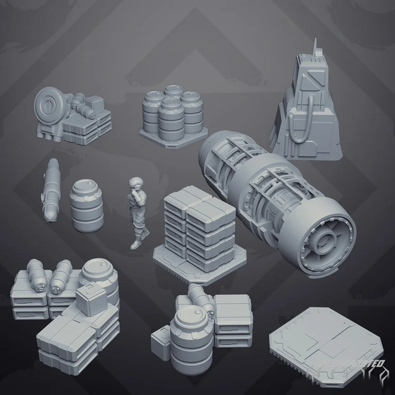 Star Wars hangar terrain with machinery, crates, barrels, and platform pieces