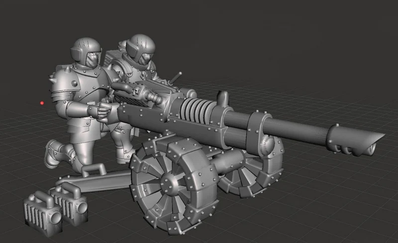Warhammer 40,000 heavy weapons team with two armored soldiers and a large wheeled cannon