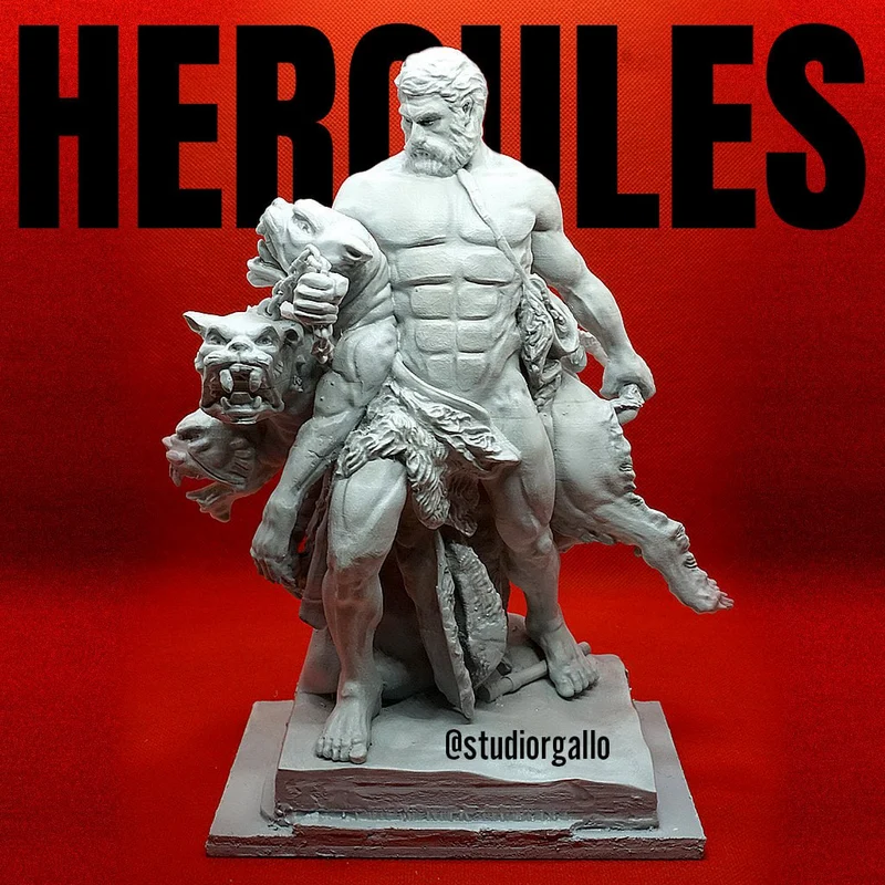 Hercules standing with the three-headed Cerberus on a classical plinth