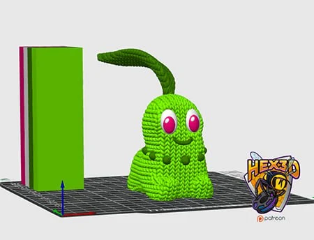 Knitted green Chikorita Pokémon character figure with large magenta eyes