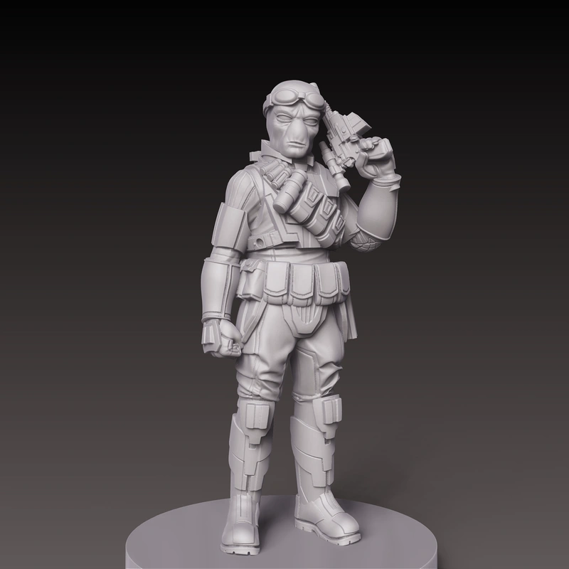 Armored Star Wars hired gun figure holding a blaster on a round base