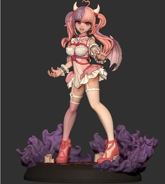 Ironmouse VTuber character figure with pink hair, horns, and purple sculpted base