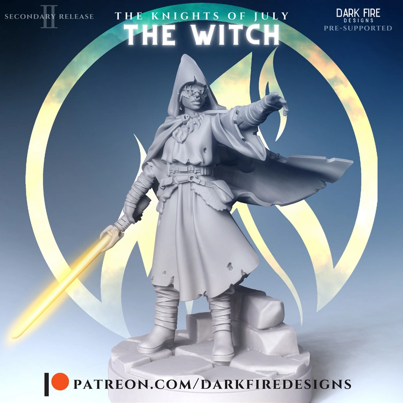 Hooded Jedi Witch figure in robes holding a lightsaber on a display base
