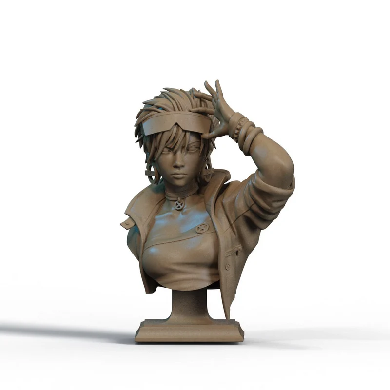 Jubilee Marvel character bust with visor, raised hand, jacket, and display base