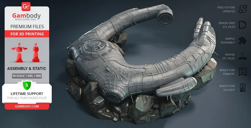 Curved futuristic Juggernaut spacecraft model on a rocky base