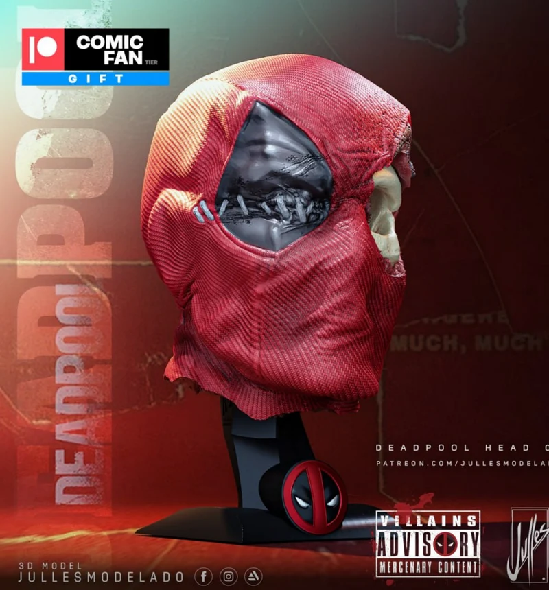 Deadpool Mizaru red masked head bust on a display stand
