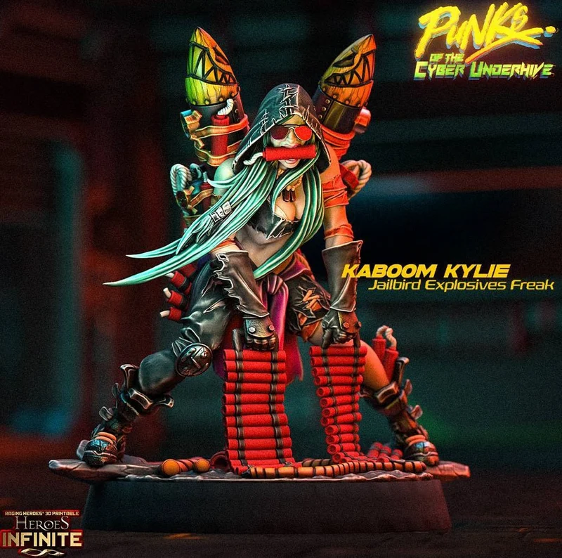Kaboom Kylie character figure with turquoise hair, red goggles, explosive belts and twin rocket-like props