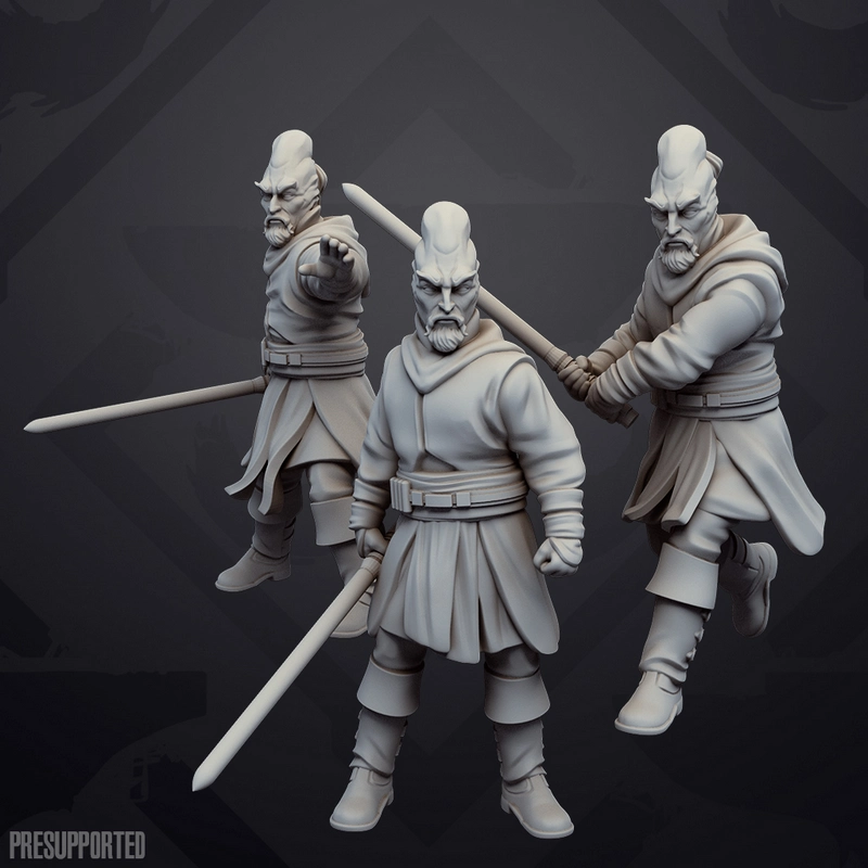 Three Ki-Adi-Mundi Star Wars character figures in Jedi robes with lightsabers