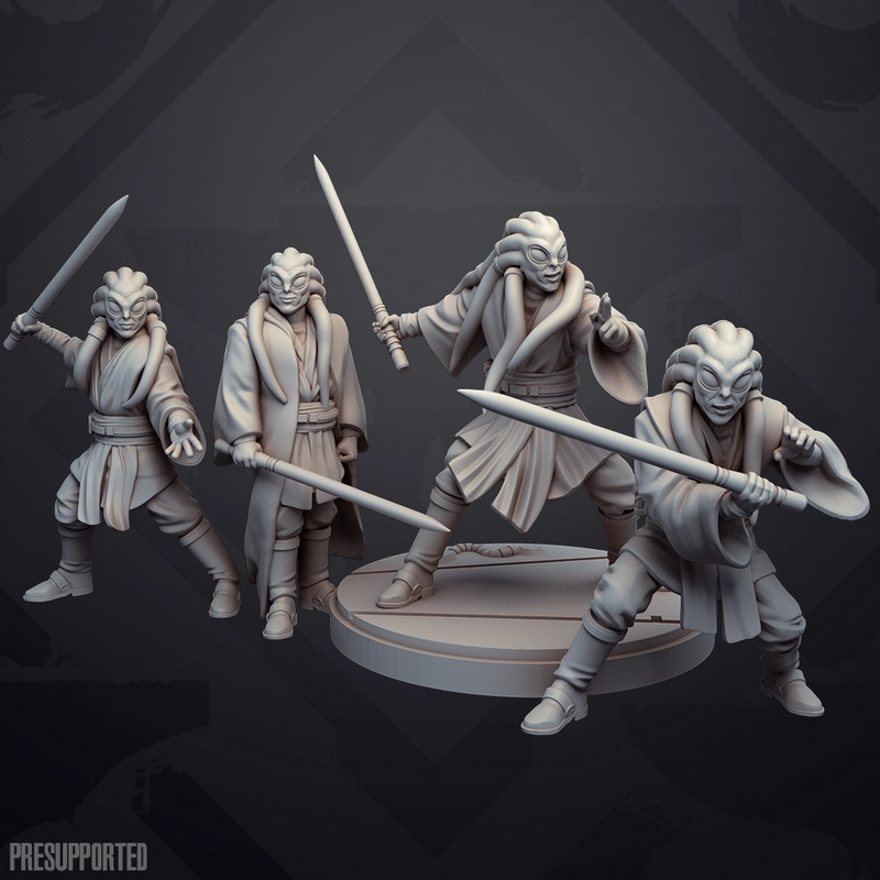 Kit Fisto Star Wars 3D model shown in four Jedi poses with lightsabers