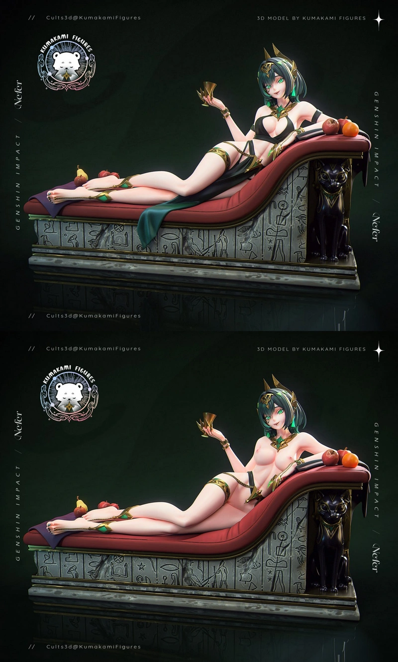 Nefer from Genshin Impact reclining on an ornate chaise with fruit and carved decorative details