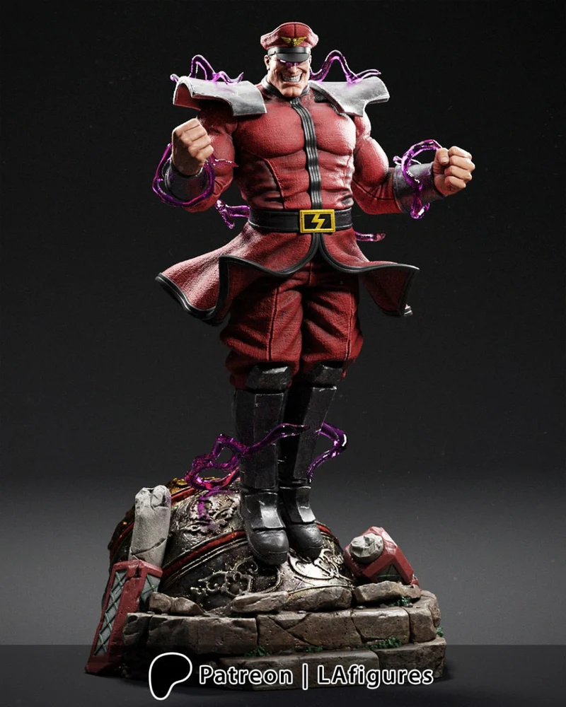 M. Bison Street Fighter fan-art statue in a red uniform with raised fists and purple energy effects