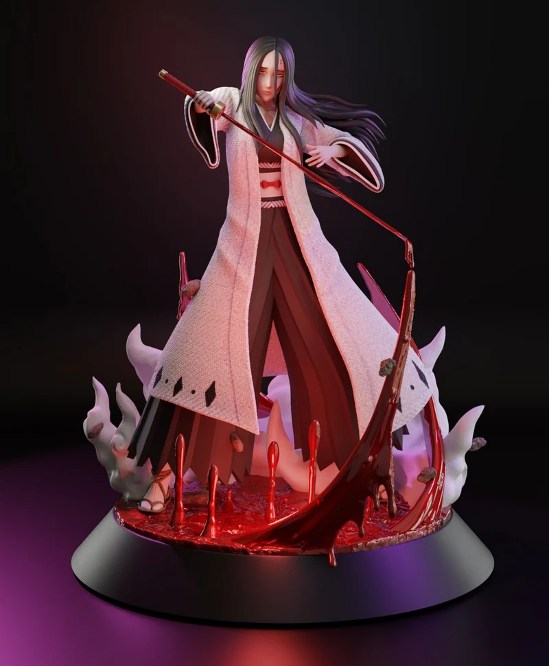 Retsu Unohana Bleach character statue with sword and red effects