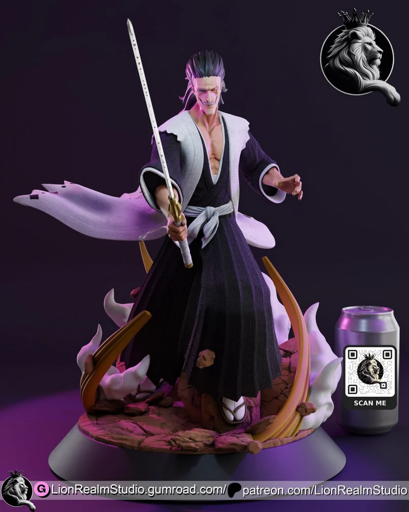 Kenpachi Zaraki Bleach 3D figure holding a sword on a sculpted base