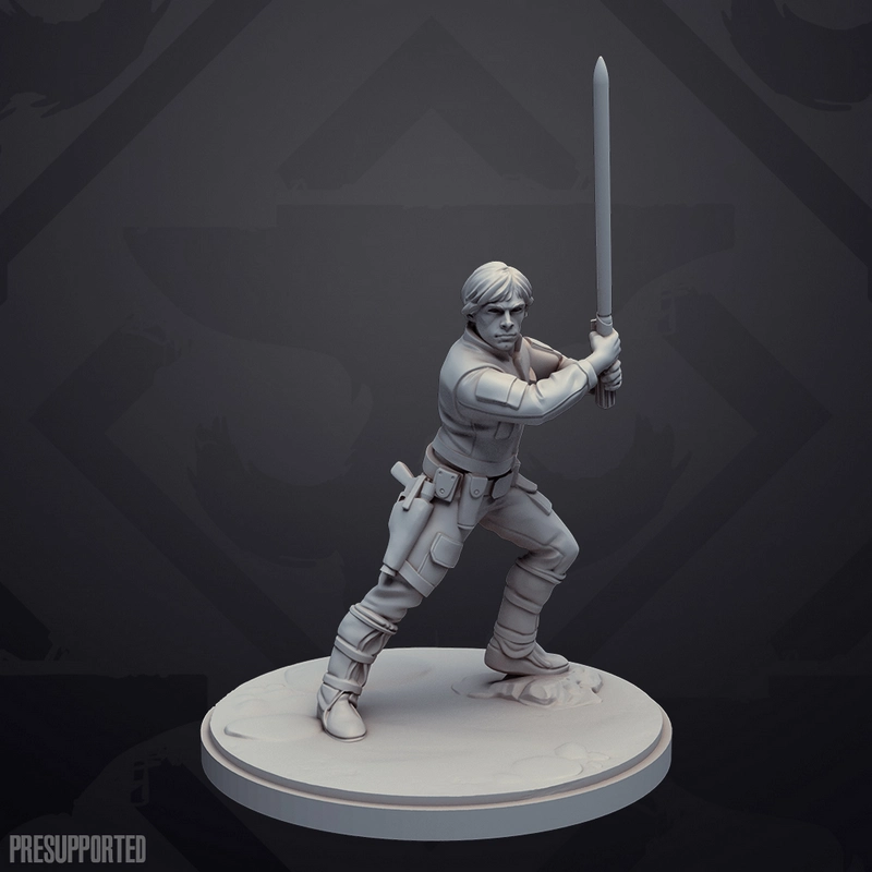 Luke Skywalker Star Wars figure holding a raised lightsaber on a round display base
