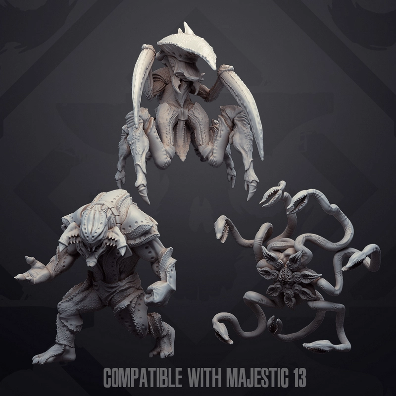 Three detailed sci-fi alien creature figures with claws, armor, and tentacles