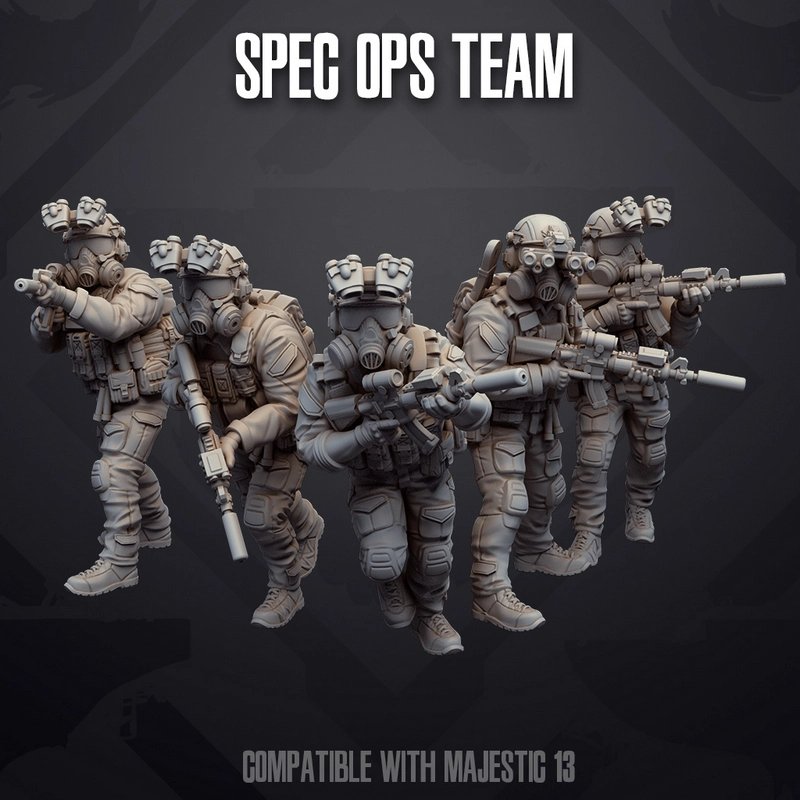Five armored sci-fi Spec Ops figures with rifles and respirator masks
