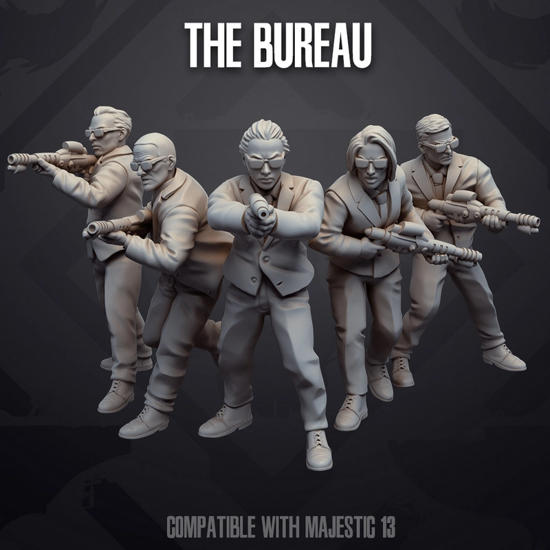 Five suited sci-fi agents holding futuristic weapons in a detailed miniature group