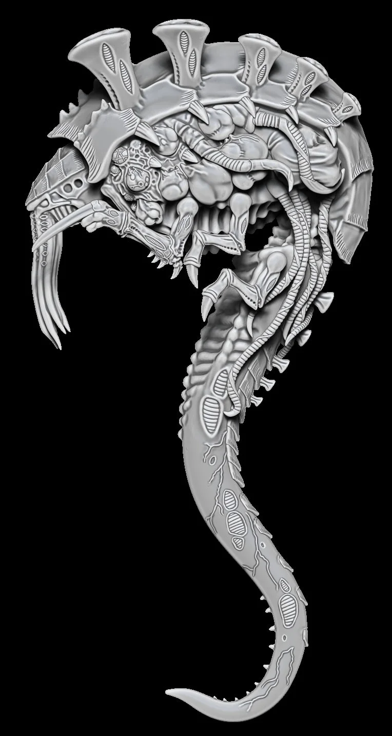 Detailed Malanthrope alien creature with armored plates and long ribbed tail