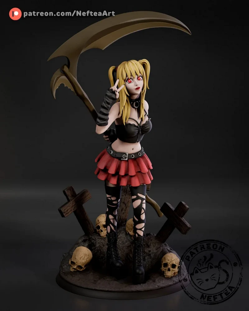 Misa Amane Death Note figurine with a scythe on a skull-strewn base