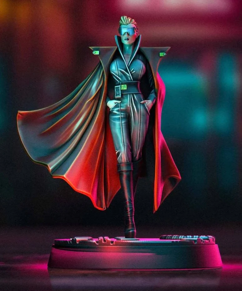 Miss Monsoon futuristic full-body figure in a flared coat on a display base