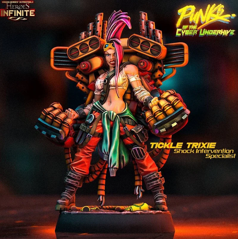 Colorful cyberpunk female character statue with mechanical gear and pink hair