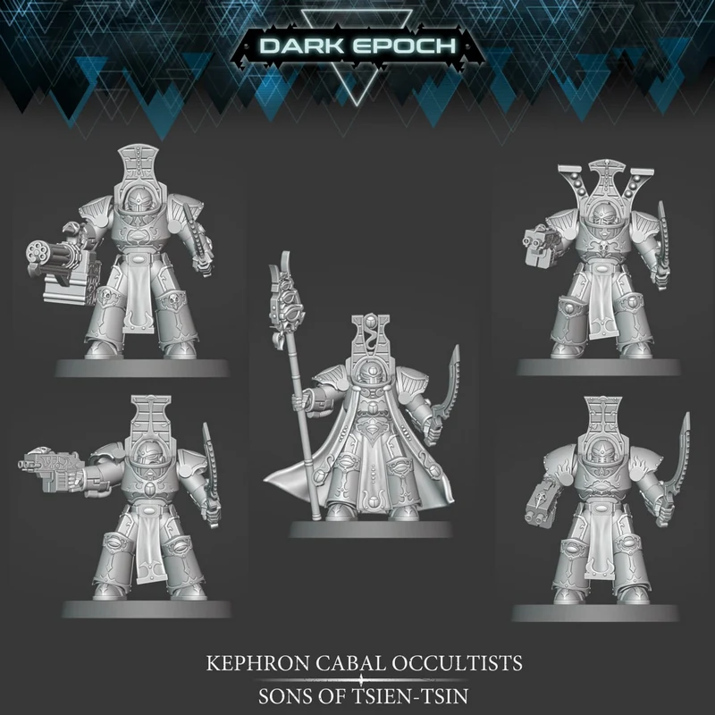 Five armored Kephron Cabal occultist miniatures with robes and weapons