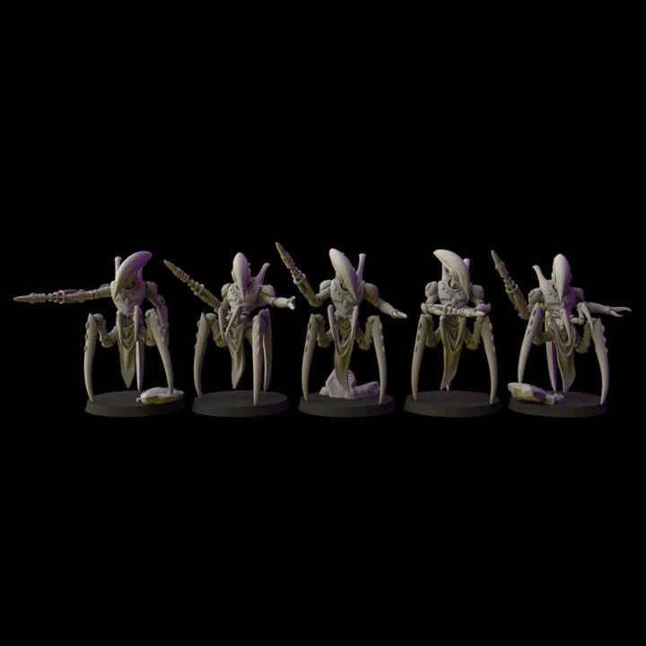 Five insectoid warrior miniatures with weapons on round bases