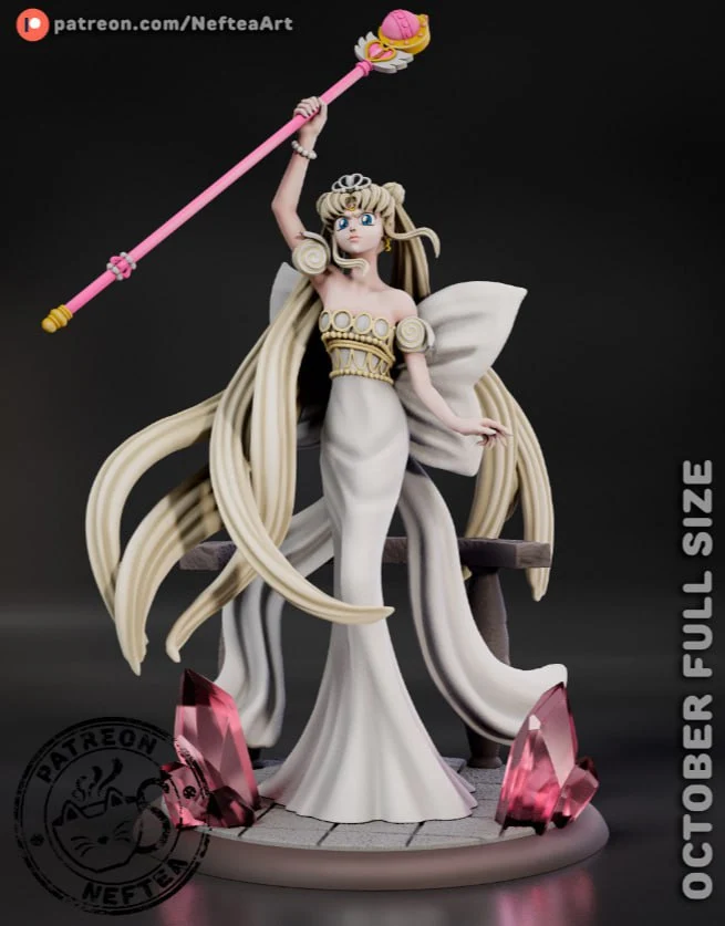 Neo-Queen Serenity Sailor Moon statue with staff, gown and crystal base