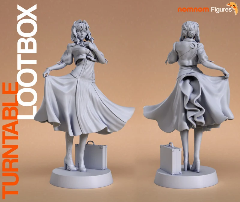Violet Evergarden statue in a flowing dress with suitcase on a round base