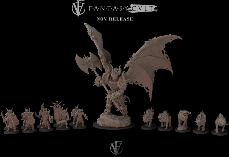 Fantasy tabletop miniature set with a winged armored creature and smaller figures