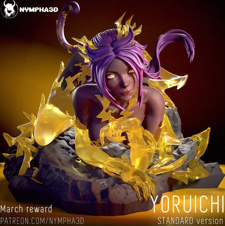 Yoruichi Shihōin Bleach fan art statue with purple hair and gold effects