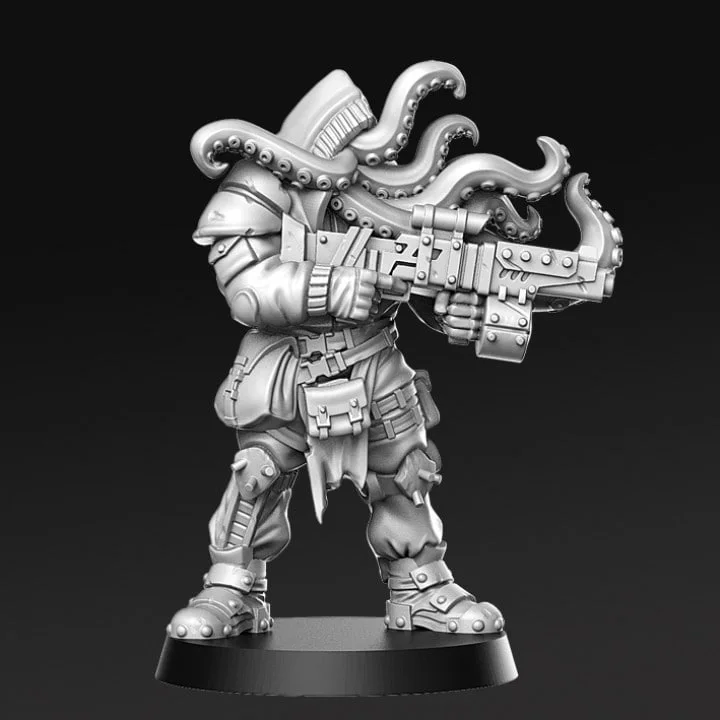 Octogrunge armored octopus-headed gunner miniature with tentacles and a large riveted firearm