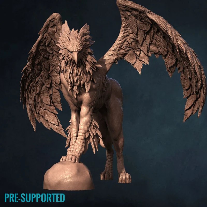 Feathered hippogriff fantasy creature 3D model with broad wings and display base