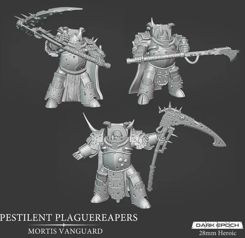 Three armored Pestilent Plaguereaper miniatures with scythes and heavy weapons