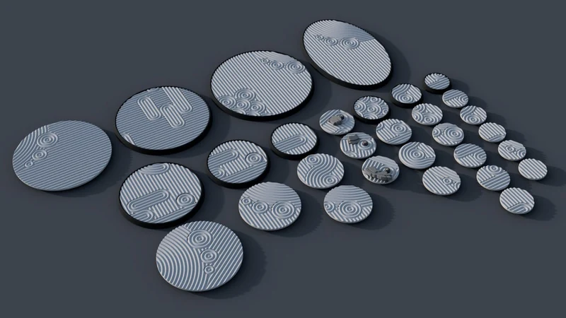 Round sci-fi tabletop tokens with grooved surfaces and geometric symbols