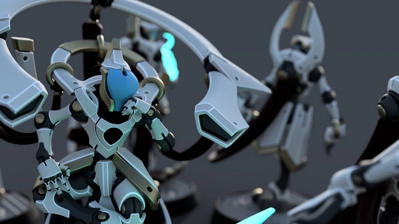 Futuristic white and gray VoidFrame robot figures with blue central details