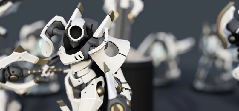 White armored WER Guardian Class VoidFrame robotic figure with angular shoulder plates
