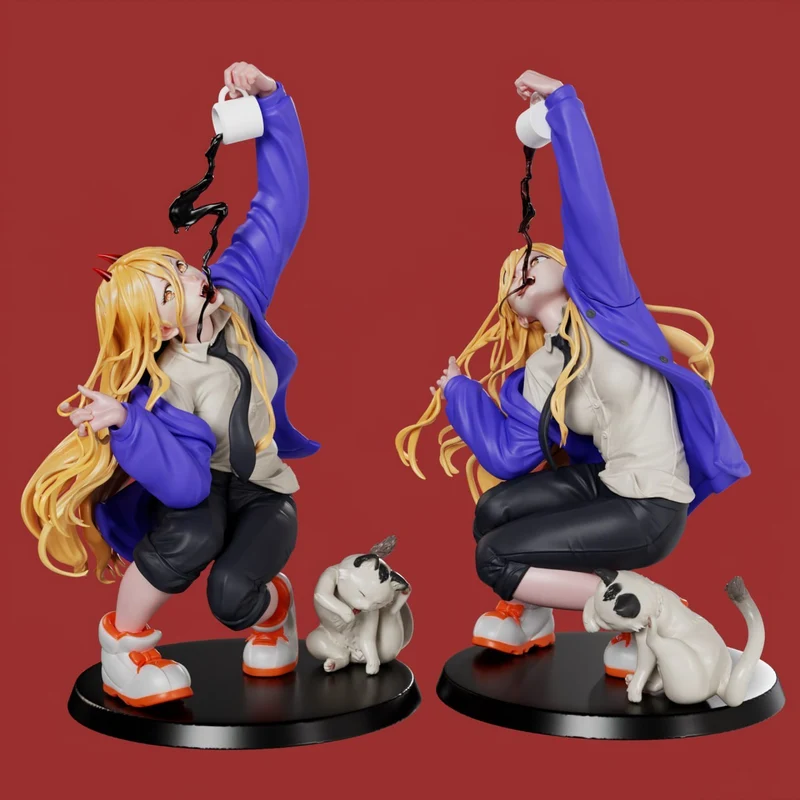 Power from Chainsaw Man crouching with cats on a round display base