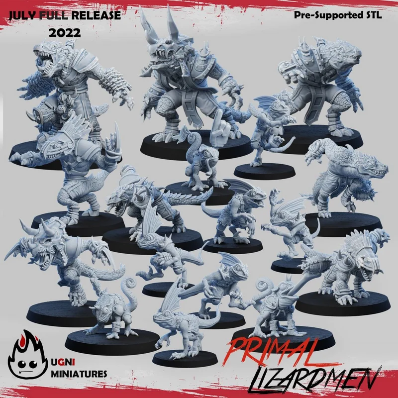 Fantasy lizardmen and smaller reptilian creatures on round miniature bases