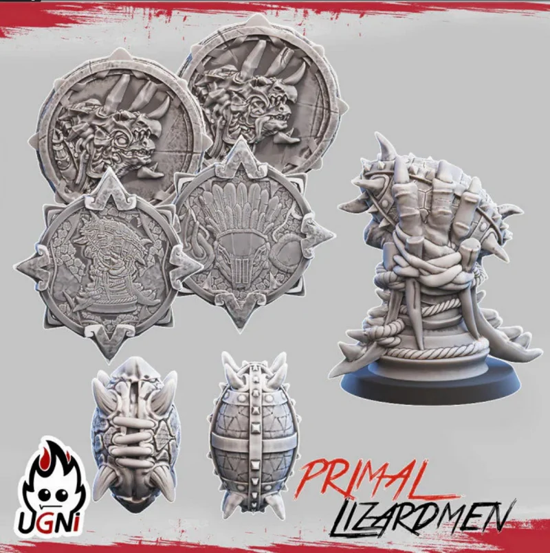 Fantasy lizardmen markers with reptilian relief, spikes, armor, and shield-like designs