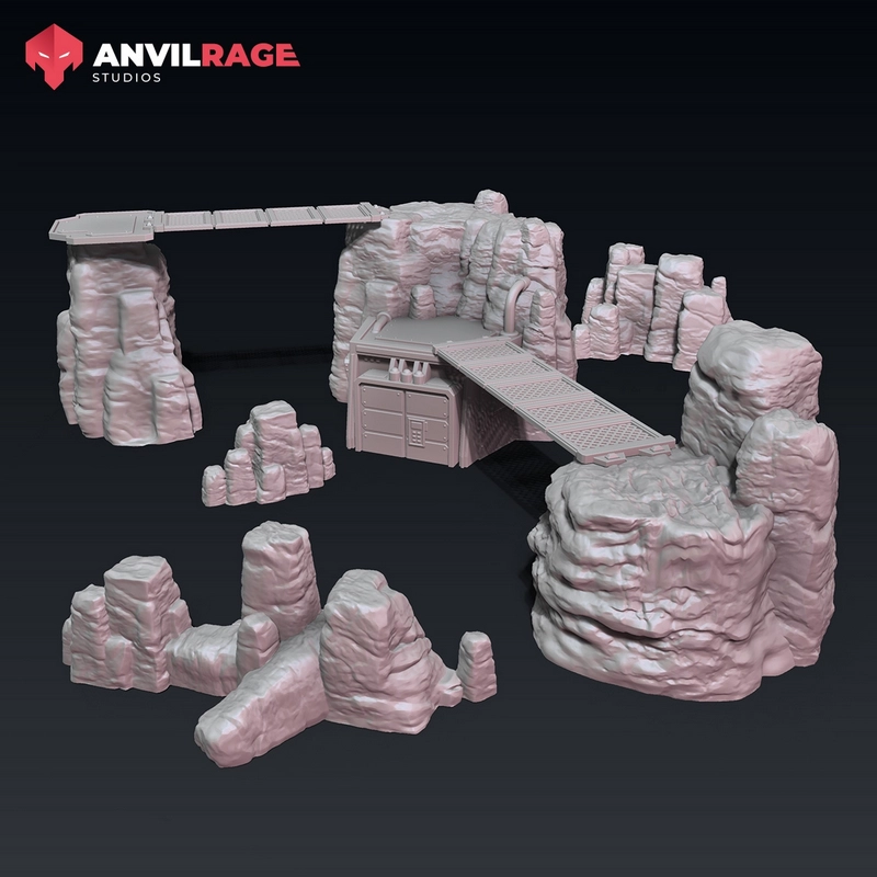 Rocky Star Wars rebel hideout terrain with bridges and a central shelter