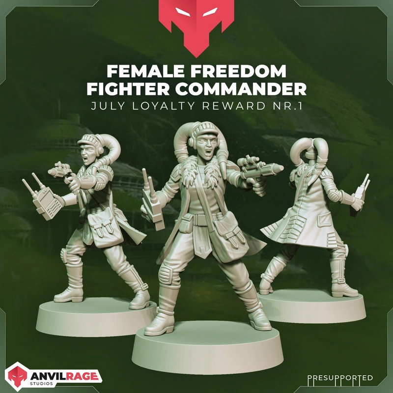 Twi'lek rebel commander miniature in a layered uniform holding a blaster on a round display base